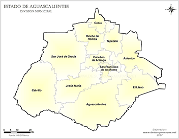 Mapa de municipios de Aguascalientes con nombres