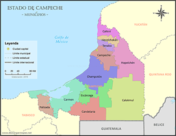 Mapa de municipios de Campeche y límites estaduales