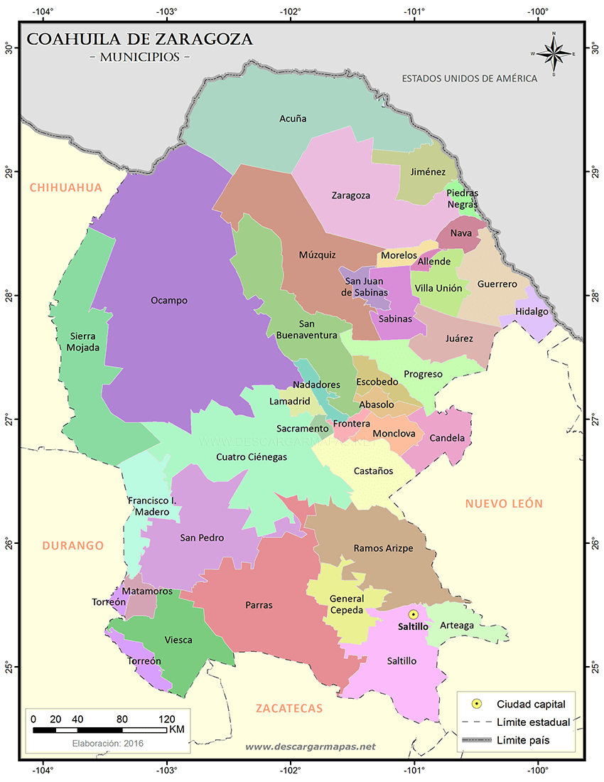 Mapa de municipios del estado de Coahuila de Zaragoza