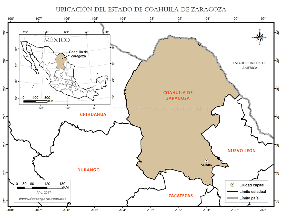 Mapa de ubicación del estado de Coahuila de Zaragoza. Localización.