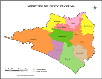 Mapa de división municipal del estado de Colima