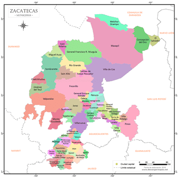 Mapa de Zacatecas por municipios - tamaño mayor